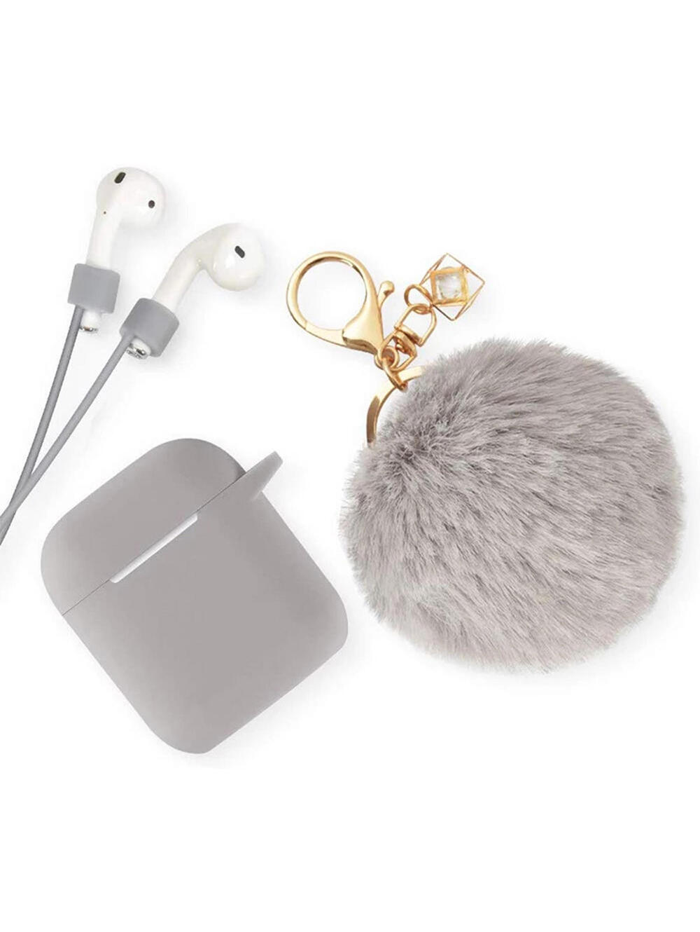 Gray Fur Pom Pom Apple AirPod Case 1/2 Silicone Shockproof Full Cover + Keychain